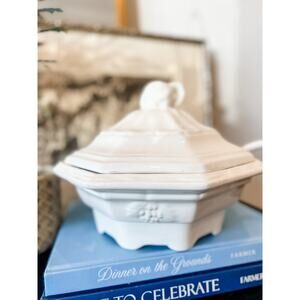 California Pottery Soup Tureen & Lazy Susan Set – 8-Piece White Ceramic MCM‎